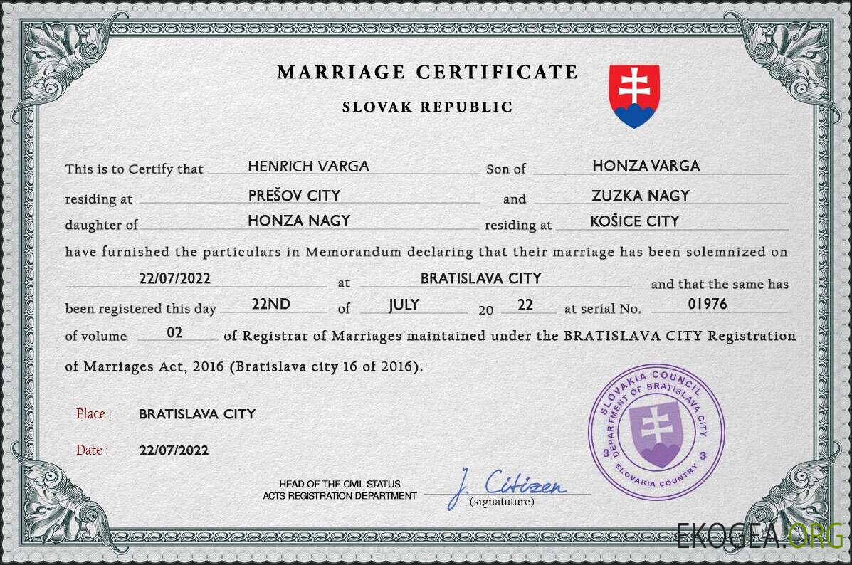 Modèle PSD de certificat de mariage en Slovaquie